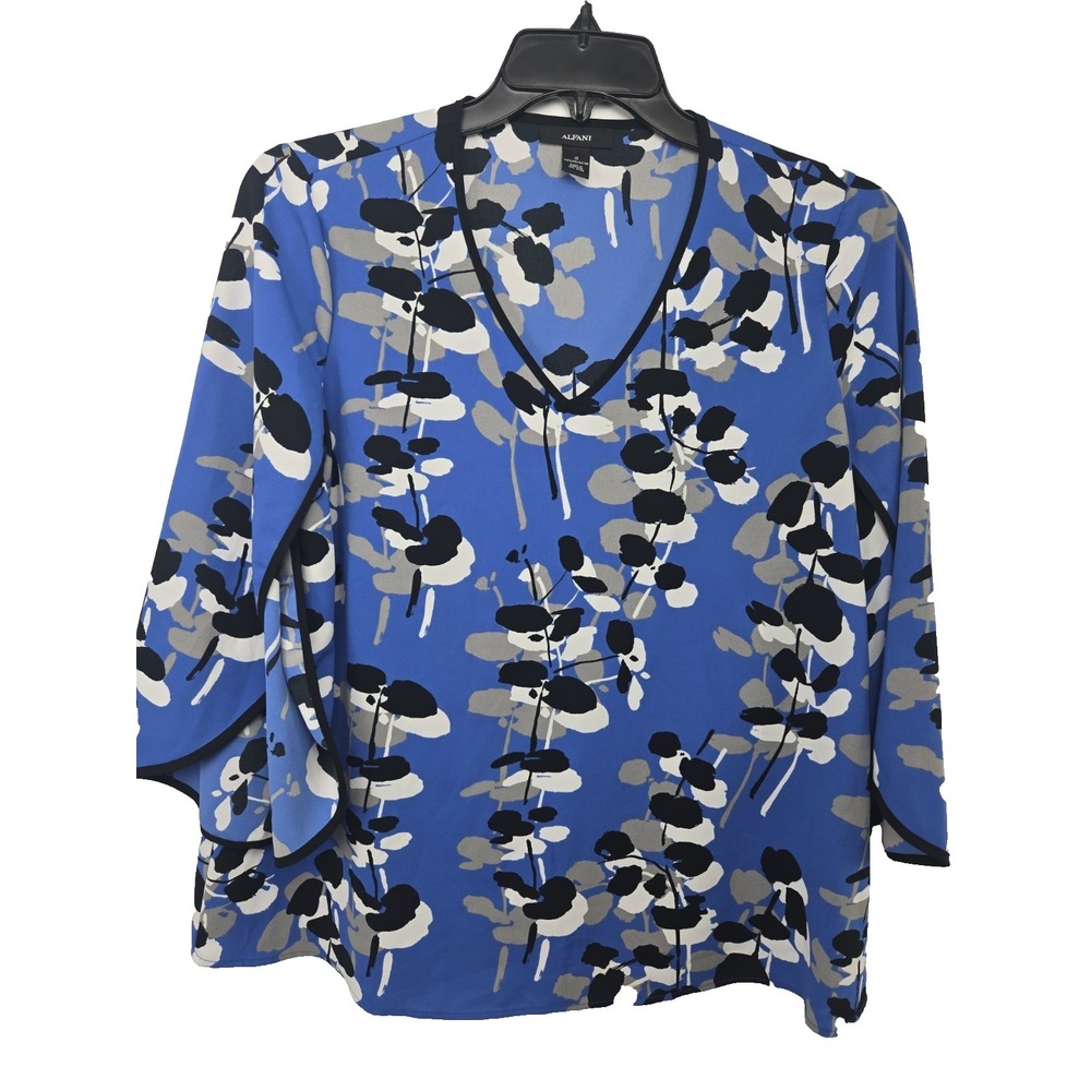 ALFANI Women's Size 8 Blue Chiffon V-neck Slit Sleeve Blouse Top